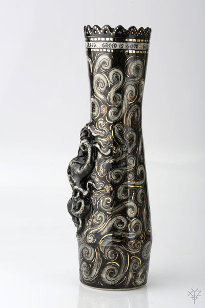 Vase : Poetry in Pottery : Our Creed is Greed