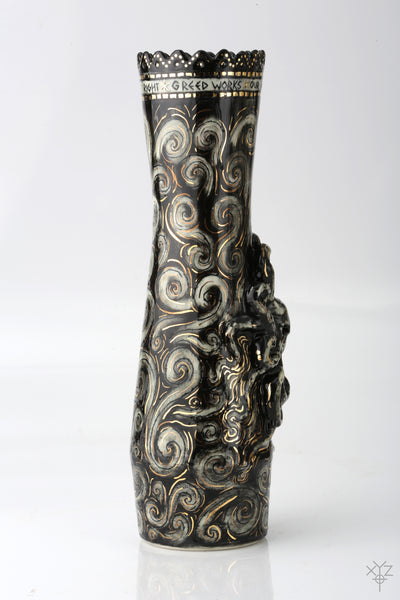 Vase : Poetry in Pottery : Our Creed is Greed