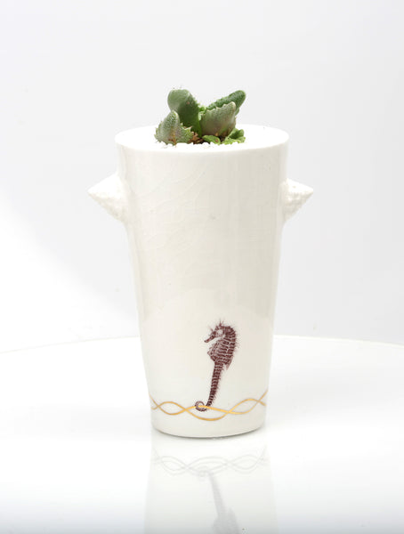 Vase : White with Seahorse theme : Succulent 2