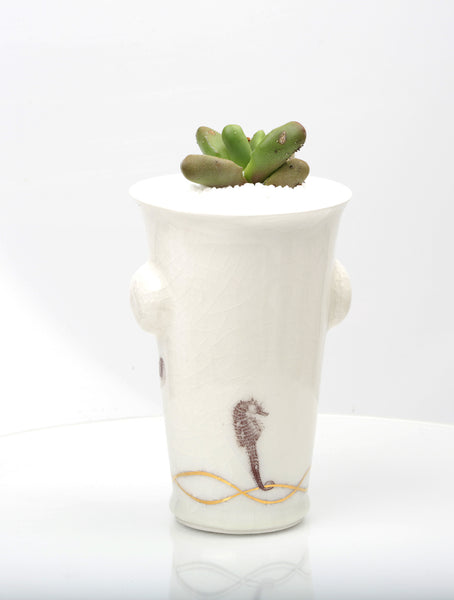 Vase : White with Seahorse theme : Succulent 4