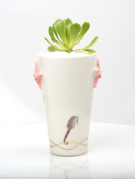 Vase : White with Seahorse theme : Succulent 6