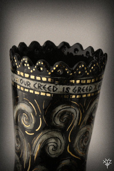 Vase : Poetry in Pottery : Our Creed is Greed